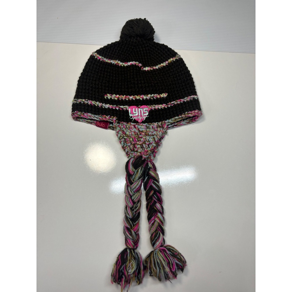 Bula Lynsey Dyer Beanie Hat Brown Pink Knit Earflap Tassel Pom Pom